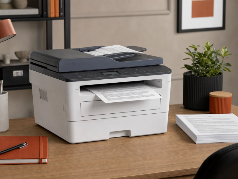 Brother DCP-L2640DW wireless monochrome laser all-in-one printer in a home office setup for text-heavy document use.