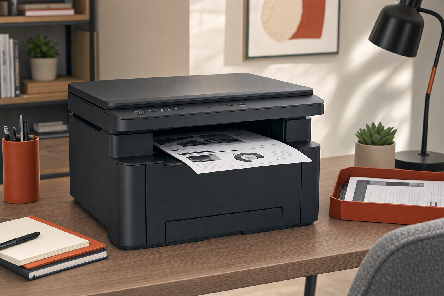 Compact monochrome laser all-in-one printer on a desk with black-and-white document output for home office use.