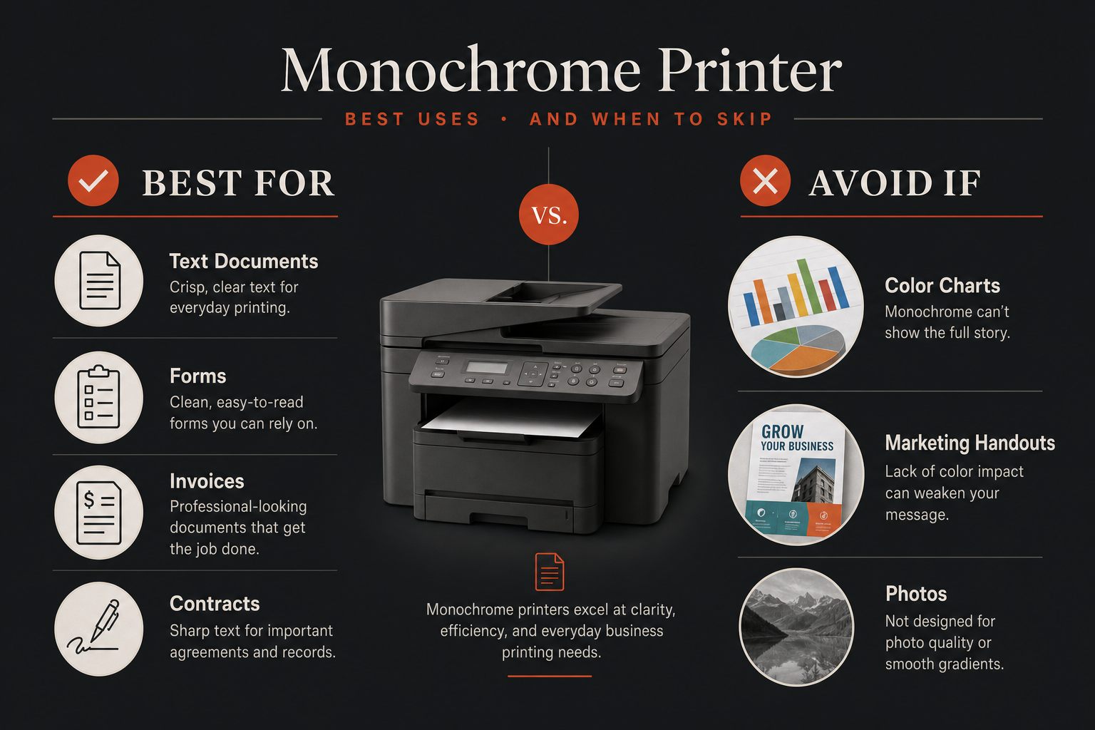 Comparison graphic showing best-for text-document printing versus avoid-if color and photo printing needs.