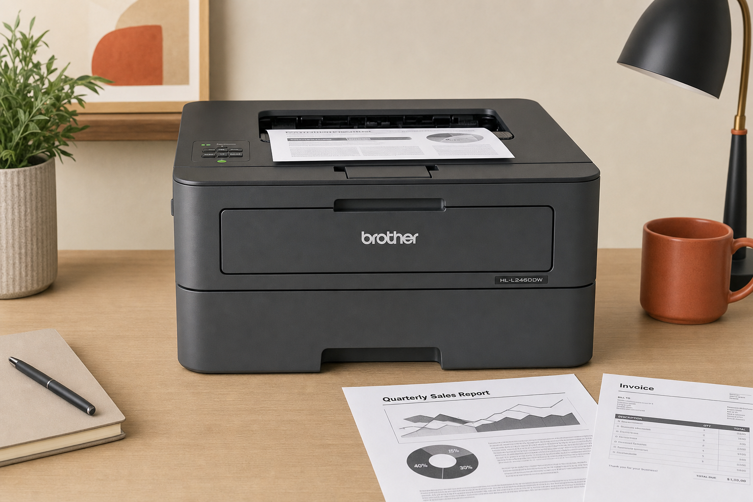Compact monochrome laser printer on a desk with printed documents showing size and plain-text home office use.