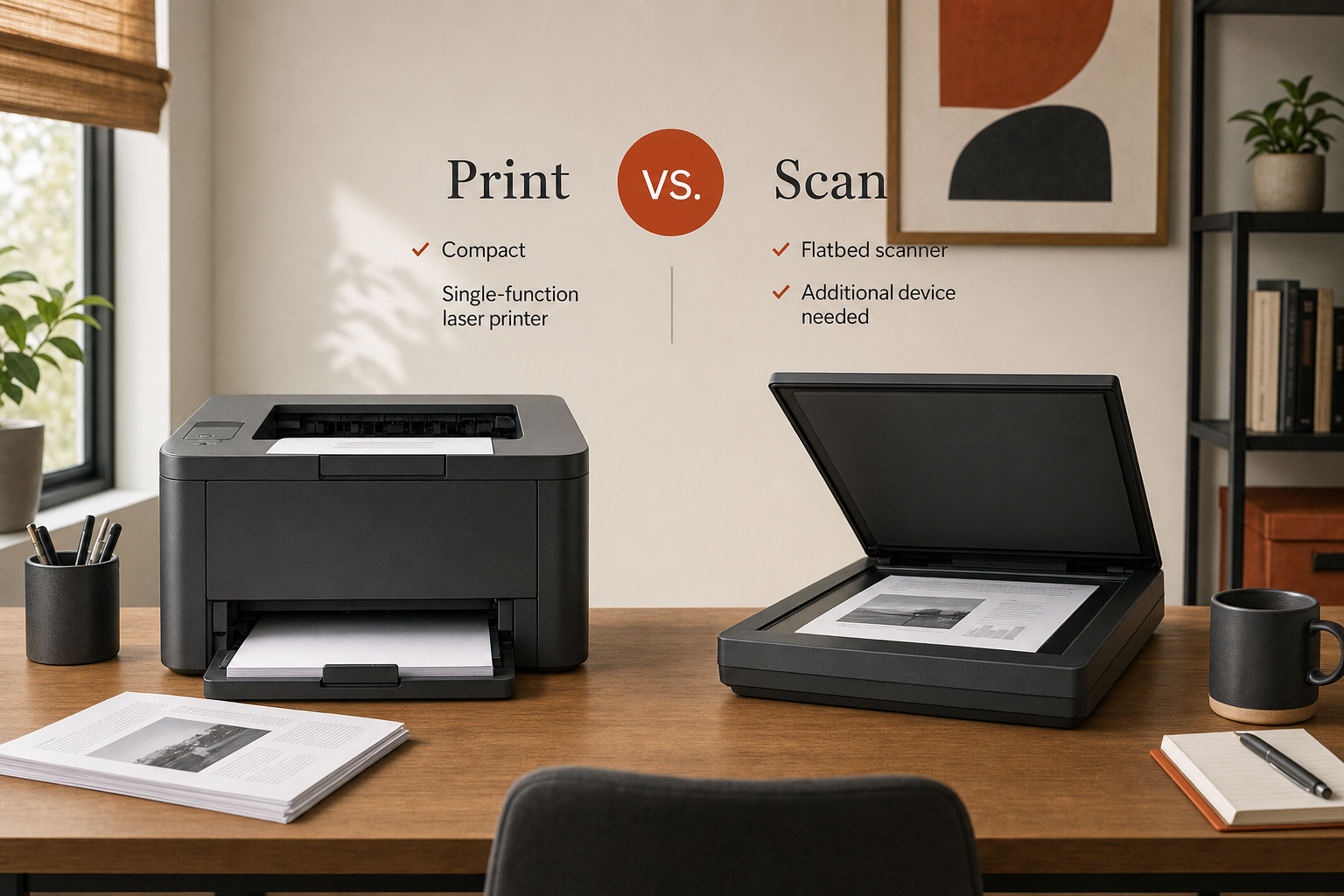 Single-function printer beside a separate scanner in a home office to illustrate the extra device needed for scanning.