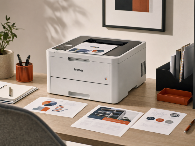 Brother HL-L3220CDW color printer on an office desk with business color documents nearby