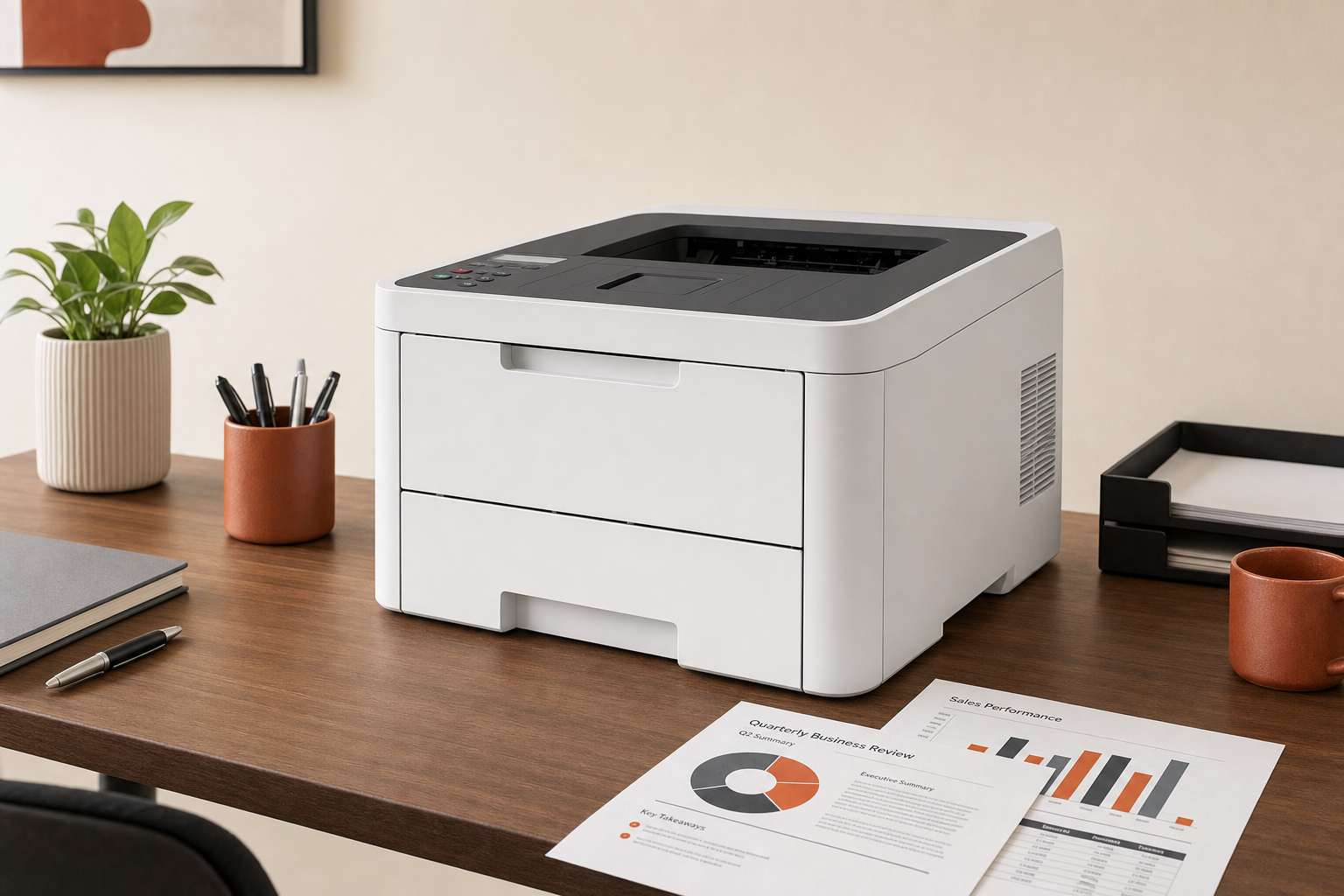 Brother HL-L3220CDW color printer on office desk with business documents for scale
