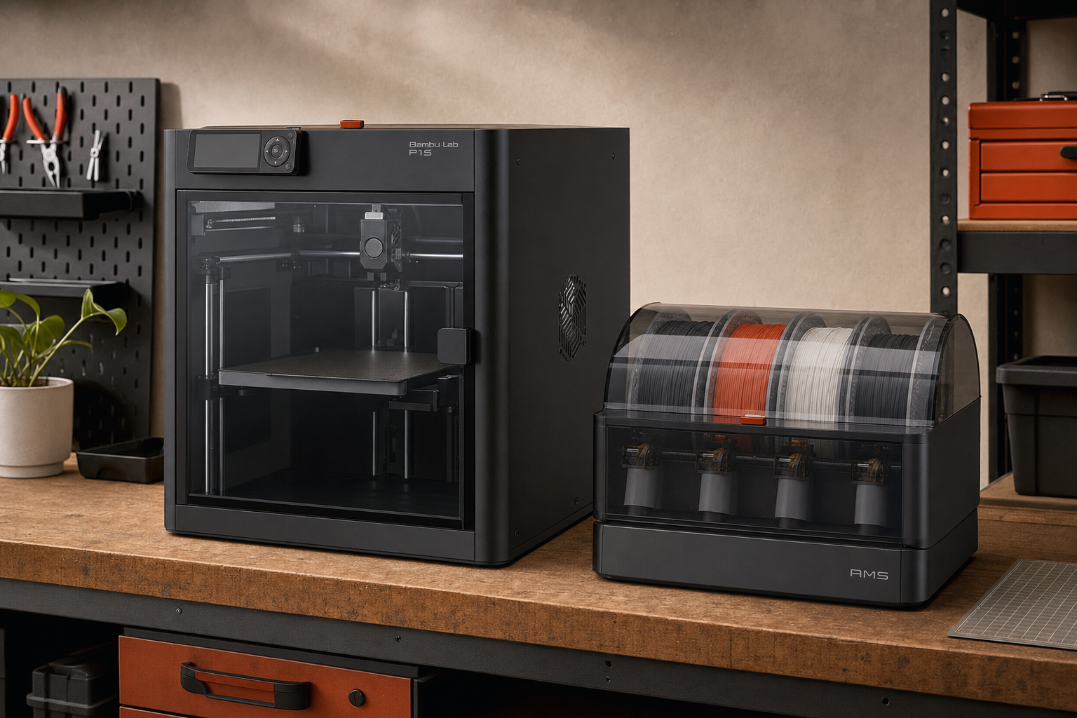 Bambu Lab P1S Combo enclosed 3D printer with AMS on a workbench
