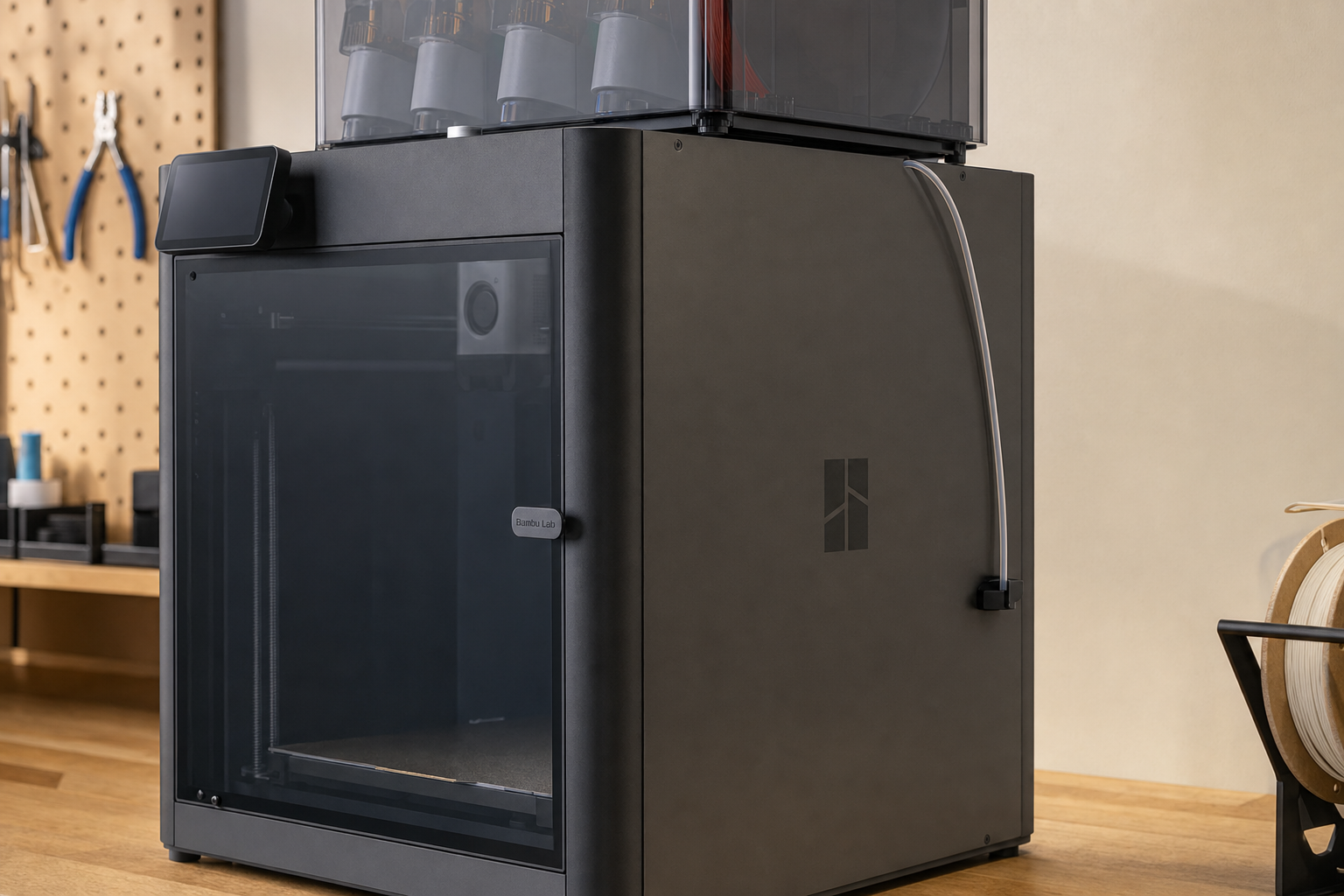 Close-up of Bambu Lab P1S Combo enclosure and filament routing