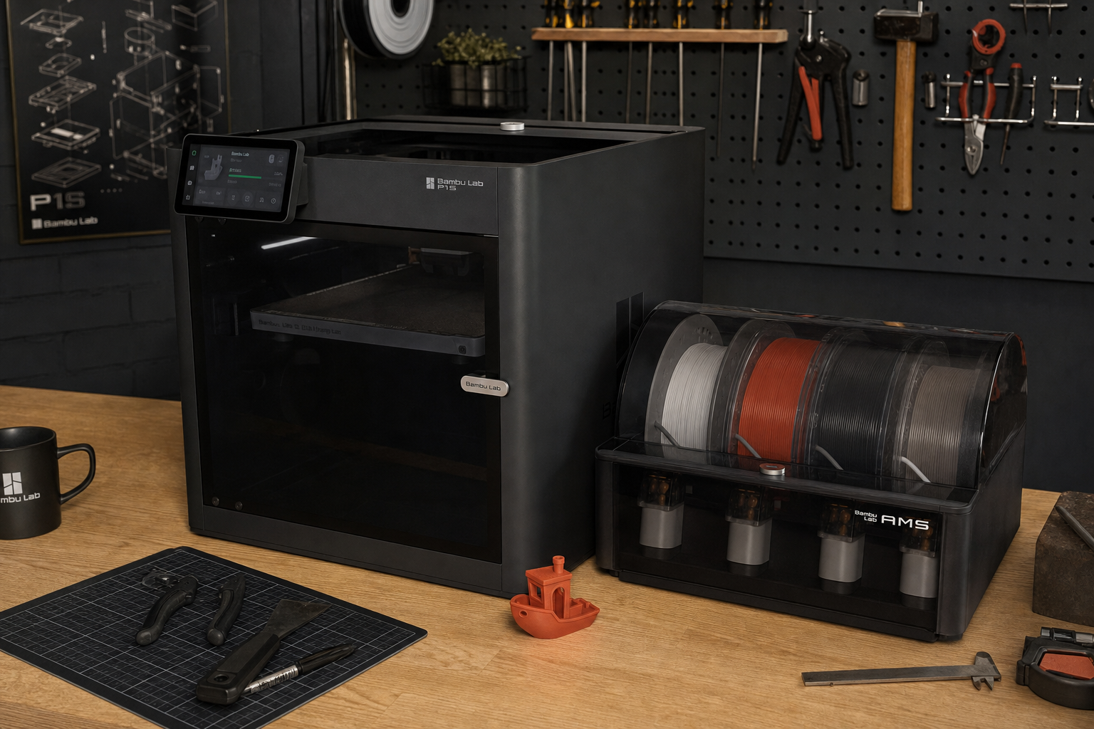 Bambu Lab P1S Combo shown with small printed object for size context